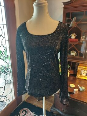 Women's Long Sleeve Black Sequin Floral Tee